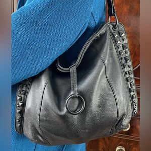 BCBGMAXAZRIA Black Studded Leather Shoulder Tote - Width 16” & Height 15”